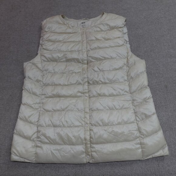 Uniqlo Womens Puffer Vest Large Beige Gold Down Filled Collarless - Picture 1 of 6